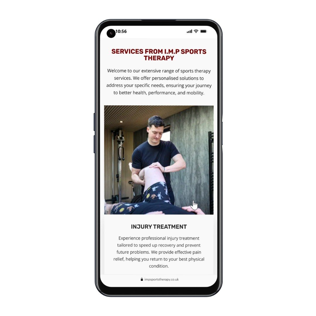 The IMP Sports Therapy website on a phone