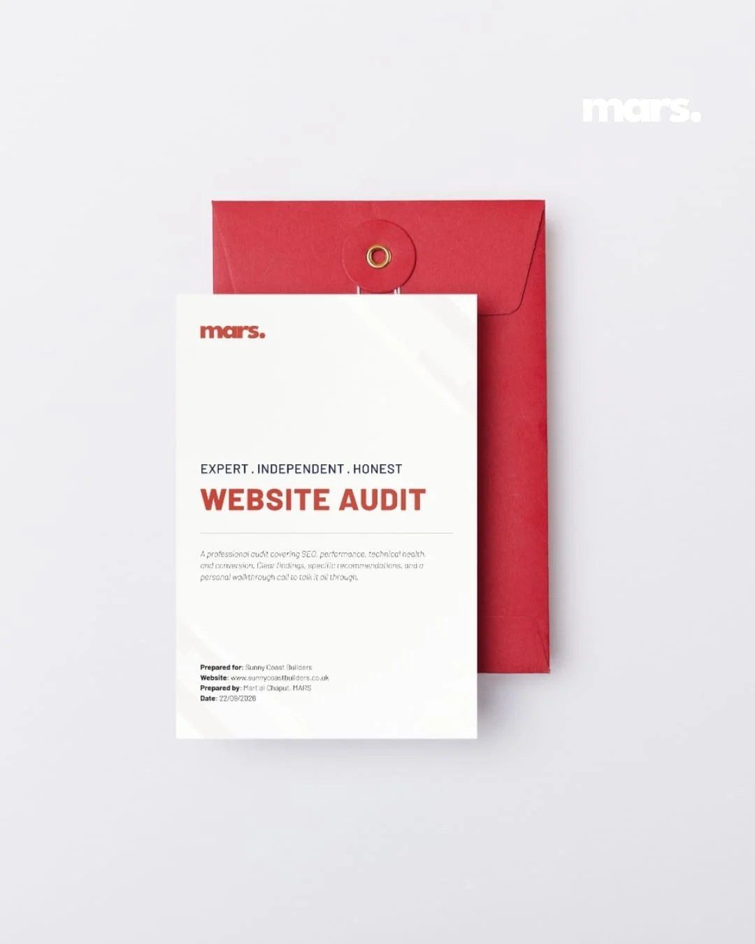 A MARS website audit report with its red envelope